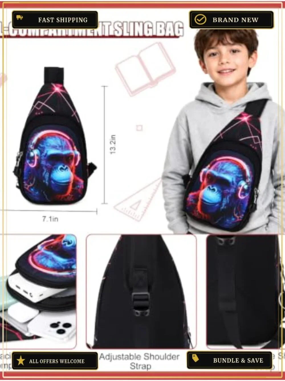 4-Piece Kids Backpack Set for Boys, Gaming Design, Insulated Lunch Bag, Sling